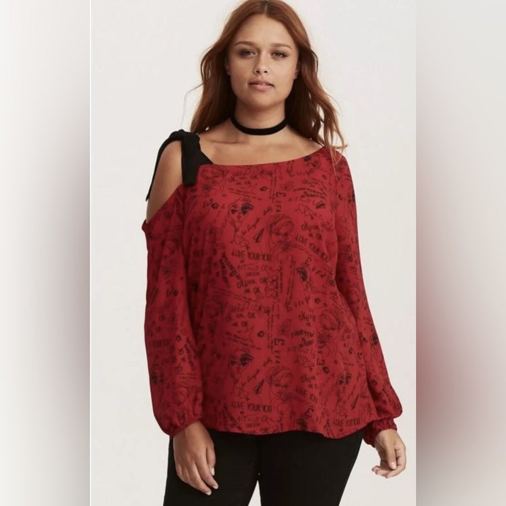 Red Black Cold Shoulder Bow Top, Self love and ramble Graphics Blouse Torrid Sz3